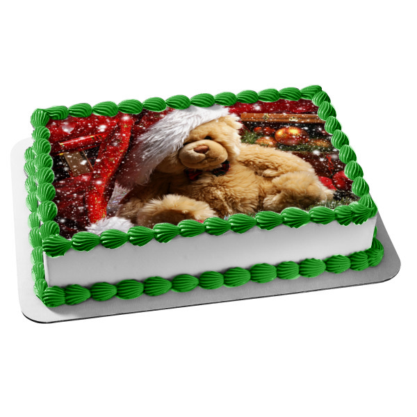 Teddy Bear Christmas Hat Snow Edible Cake Topper Image ABPID50626 Cheap