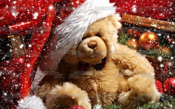 Teddy Bear Christmas Hat Snow Edible Cake Topper Image ABPID50626 Cheap