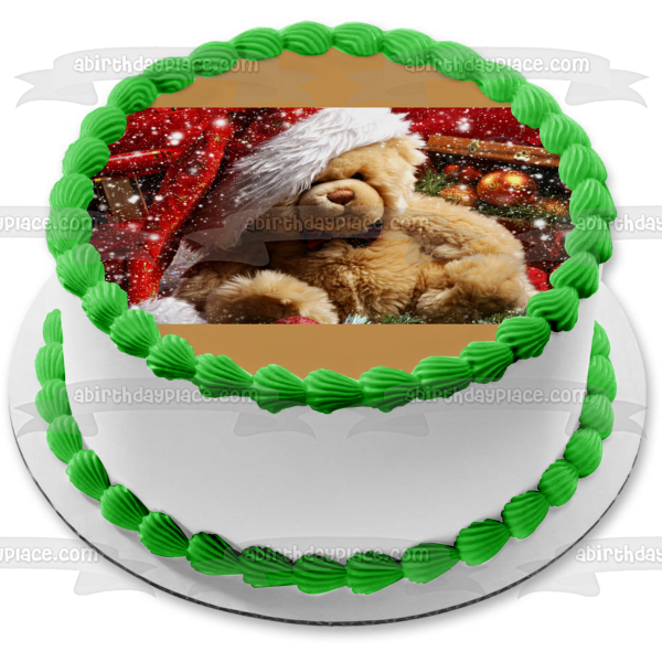 Teddy Bear Christmas Hat Snow Edible Cake Topper Image ABPID50626 Cheap