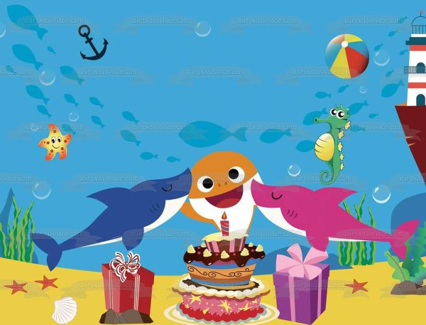 Baby Shark Happy Birthday Mommy Shark Daddy Shark Presents Birthday Cake Beach Ball Edible Cake Topper Image ABPID49837 Fashion